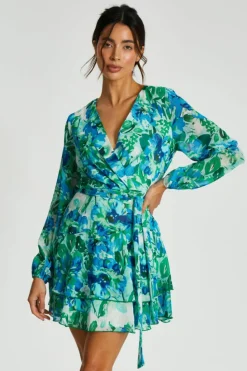 Wrap Dresses*Quiz Floral Wrap Chiffon Skater Dress Green