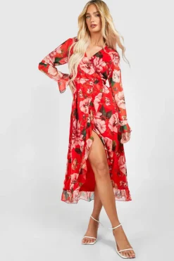 Wrap Dresses*boohoo Floral Wrap Midaxi Dress red