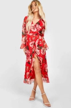 Wrap Dresses*boohoo Floral Wrap Midaxi Dress red