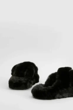 Slippers|Slippers*boohoo Fluffy Cross Front Platform Slipper black