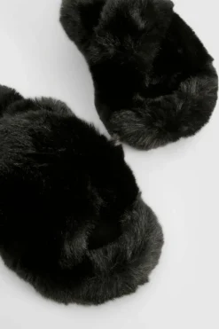 Slippers|Slippers*boohoo Fluffy Cross Front Platform Slipper black