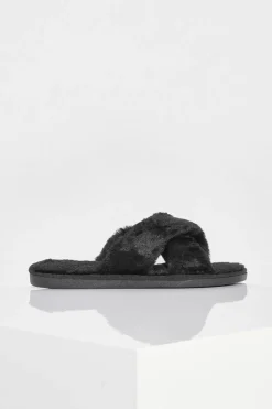 Sandals|Slippers*boohoo Fluffy Cross Front Slippers black