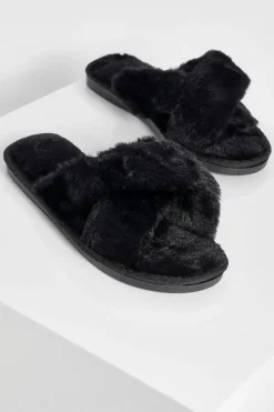 Sandals|Slippers*boohoo Fluffy Cross Front Slippers black