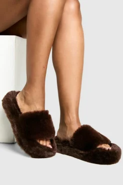 Slippers|Slippers*boohoo Fluffy Faux Fur Platform Slippers chocolate