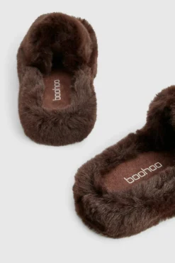 Slippers|Slippers*boohoo Fluffy Faux Fur Platform Slippers chocolate