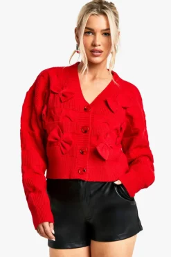 Cardigans*boohoo Fluffy Knit Bow Detail Cardigan red