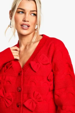 Cardigans*boohoo Fluffy Knit Bow Detail Cardigan red
