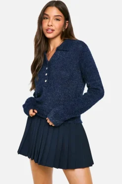 Jumpers|Knitwear*boohoo Fluffy Knit Collared Buttoned Jumper navy