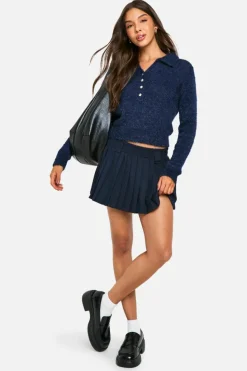 Jumpers|Knitwear*boohoo Fluffy Knit Collared Buttoned Jumper navy