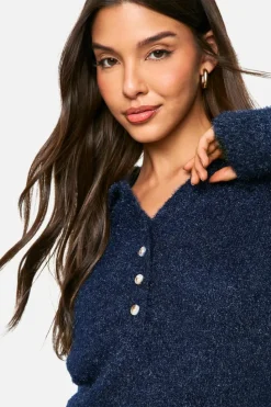 Jumpers|Knitwear*boohoo Fluffy Knit Collared Buttoned Jumper navy