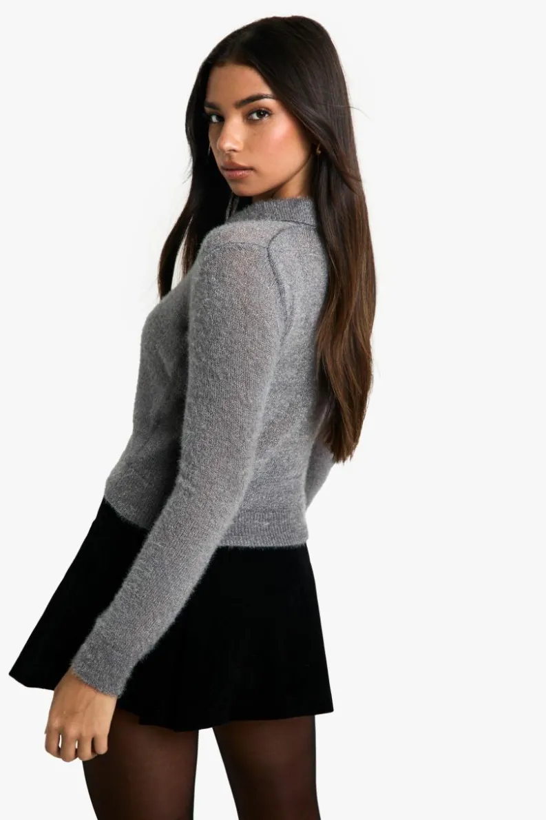 Jumpers*boohoo Fluffy Knit Collared Buttoned Jumper grey