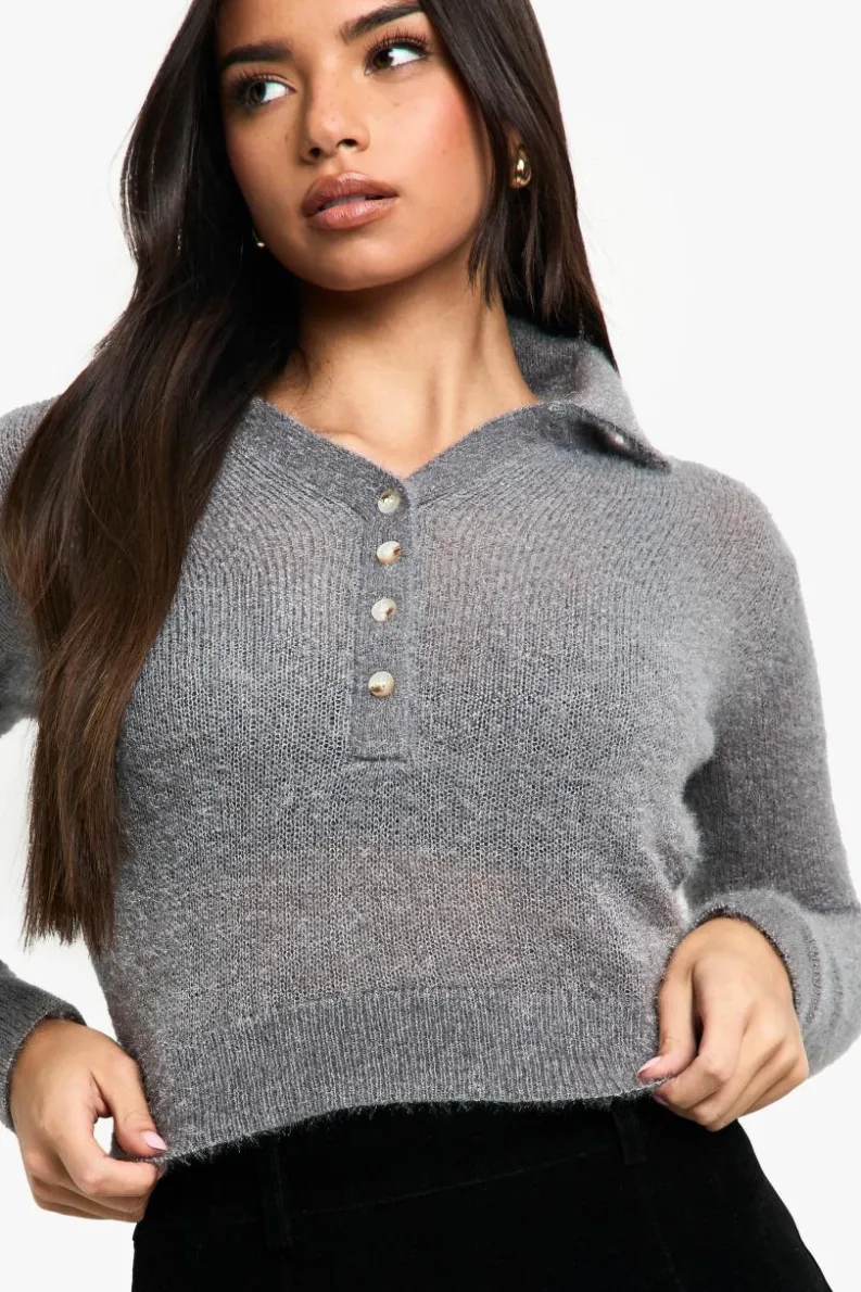 Jumpers*boohoo Fluffy Knit Collared Buttoned Jumper grey