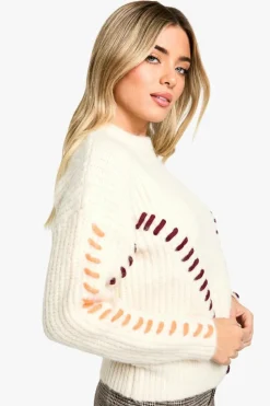 Jumpers*boohoo Fluffy Knit Contrast Stitch Detail Jumper cream