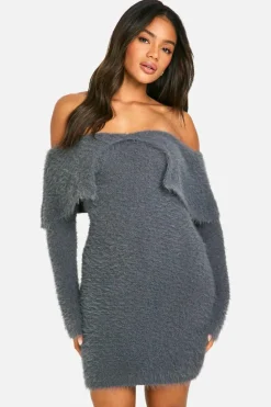 Jumper Dresses|Jumper Dresses*boohoo Fluffy Knitted Bardot Mini Dress charcoal