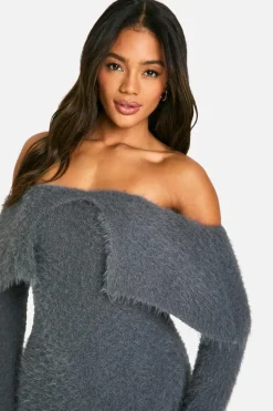 Jumper Dresses|Jumper Dresses*boohoo Fluffy Knitted Bardot Mini Dress charcoal
