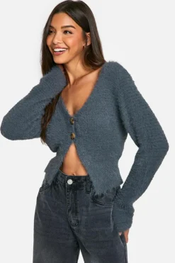 Cardigans|Jumpers & Cardigans*boohoo Fluffy Knitted Button Cardigan charcoal