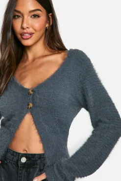 Cardigans|Jumpers & Cardigans*boohoo Fluffy Knitted Button Cardigan charcoal