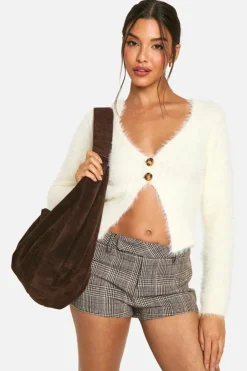 Cardigans*boohoo Fluffy Knitted Button Cardigan cream