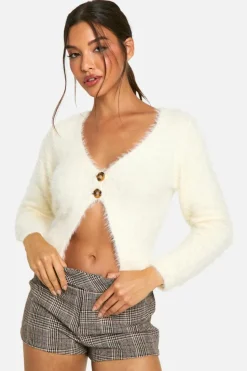 Cardigans*boohoo Fluffy Knitted Button Cardigan cream