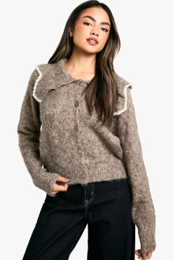 Cardigans*boohoo Fluffy Knitted Collar Cardigan oatmeal