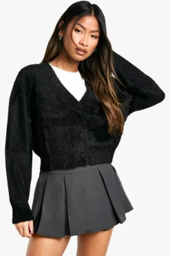 Cardigans*boohoo Fluffy Knitted Cropped Cardigan black
