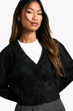 Cardigans*boohoo Fluffy Knitted Cropped Cardigan black