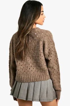 Cardigans|Knitwear*boohoo Fluffy Knitted Hole Detail Cardigan camel