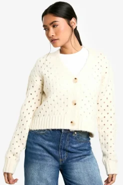 Cardigans*boohoo Fluffy Knitted Hole Detail Cardigan cream