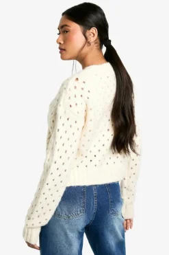 Cardigans*boohoo Fluffy Knitted Hole Detail Cardigan cream