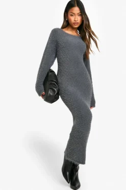 Jumper Dresses|Jumper Dresses*boohoo Fluffy Knitted Open Back Maxi Dress charcoal