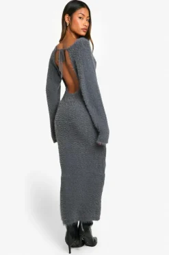 Jumper Dresses|Jumper Dresses*boohoo Fluffy Knitted Open Back Maxi Dress charcoal