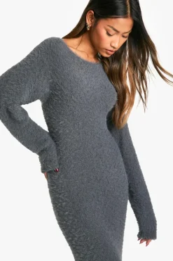 Jumper Dresses|Jumper Dresses*boohoo Fluffy Knitted Open Back Maxi Dress charcoal