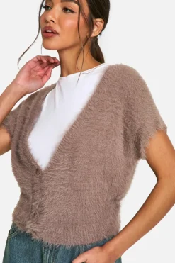 Knitted Tops*boohoo Fluffy Knitted Short Sleeve Button Top chocolate