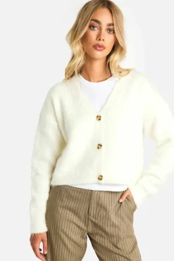 Cardigans*boohoo Fluffy Knitted Slouchy Cropped Cardigan cream