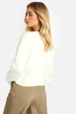Cardigans*boohoo Fluffy Knitted Slouchy Cropped Cardigan cream