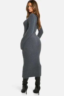 Jumper Dresses|Jumper Dresses*boohoo Fluffy Knitted Sqaure Neck Midaxi Dress charcoal