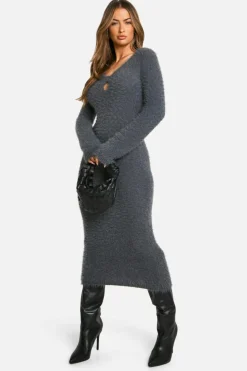 Jumper Dresses|Jumper Dresses*boohoo Fluffy Knitted Sqaure Neck Midaxi Dress charcoal