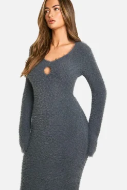 Jumper Dresses|Jumper Dresses*boohoo Fluffy Knitted Sqaure Neck Midaxi Dress charcoal