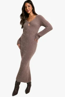 Jumper Dresses|Jumper Dresses*boohoo Fluffy Knitted Square Neck Midaxi Dress chocolate