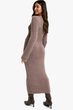 Jumper Dresses|Jumper Dresses*boohoo Fluffy Knitted Square Neck Midaxi Dress chocolate