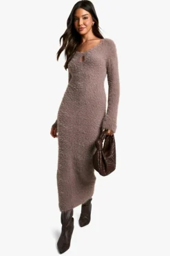 Jumper Dresses|Jumper Dresses*boohoo Fluffy Knitted Square Neck Midaxi Dress chocolate