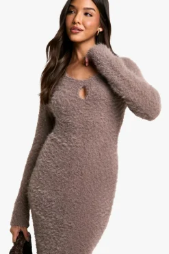 Jumper Dresses|Jumper Dresses*boohoo Fluffy Knitted Square Neck Midaxi Dress chocolate