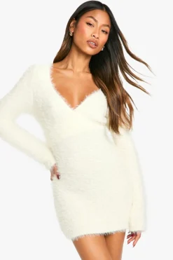 Wrap Dresses|Jumper Dresses*boohoo Fluffy Knitted Wrap Detail Mini Dress cream