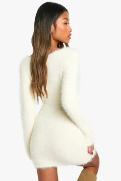 Wrap Dresses|Jumper Dresses*boohoo Fluffy Knitted Wrap Detail Mini Dress cream