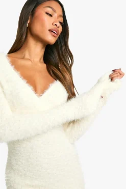 Wrap Dresses|Jumper Dresses*boohoo Fluffy Knitted Wrap Detail Mini Dress cream