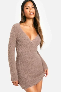Wrap Dresses|Jumper Dresses*boohoo Fluffy Knitted Wrap Detail Mini Dress chocolate