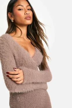 Wrap Dresses|Jumper Dresses*boohoo Fluffy Knitted Wrap Detail Mini Dress chocolate