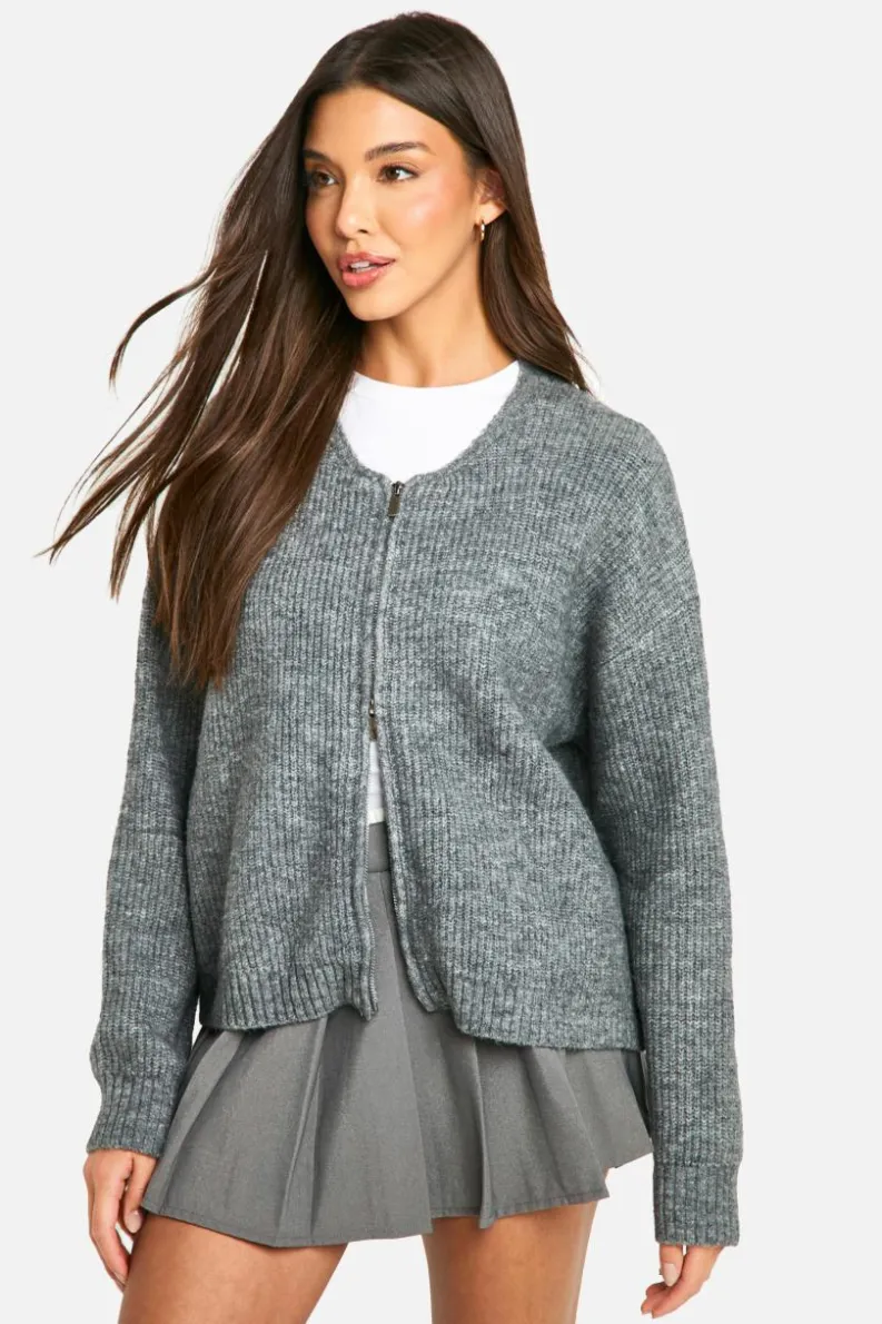 Cardigans|Knitwear*boohoo Fluffy Knitted Zip Up Bomber Cardigan grey marl