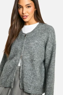 Cardigans|Knitwear*boohoo Fluffy Knitted Zip Up Bomber Cardigan grey marl