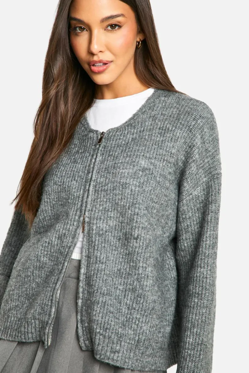 Cardigans|Knitwear*boohoo Fluffy Knitted Zip Up Bomber Cardigan grey marl